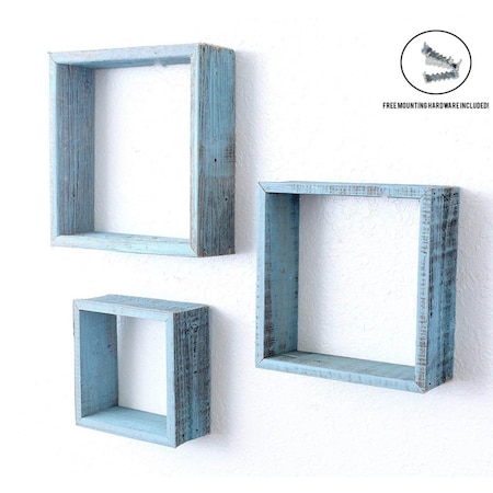 Gfancy Fixtures Square Robins Egg Blue Reclaimed Wood Open Box Shelve - Set of 3 GF3659349